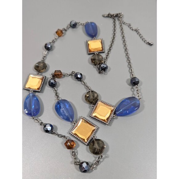 Lia Sophia Horizon Necklace Blue Golden Long Layering Statement Necklace 38 in - Picture 2 of 12